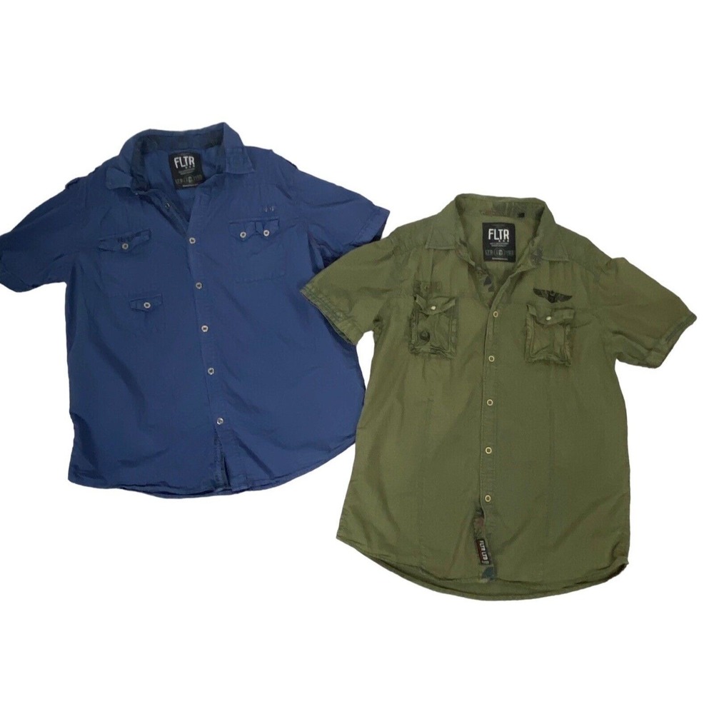 FLTR LTD Men Short Sleeve Button Front Shirts Bundle of 2 Sz XL Blue Green 3-12